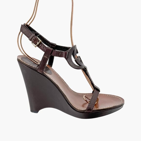 Gucci GG Interlock Cutout Wedge Sandals Size 7.5 Brown Leather Logo Platform - Picture 9 of 16